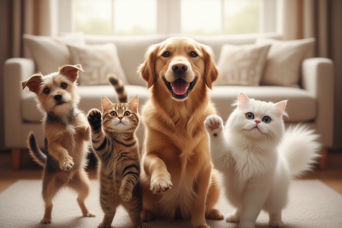 create a generic picture where cats and dogs are showing paws and are happy