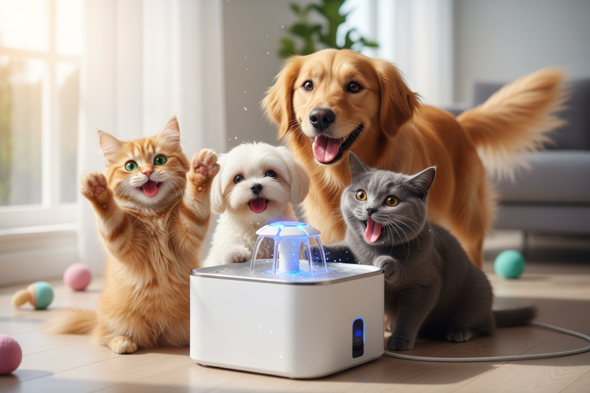 show cats and dogs showing their paws and look very happy because of this water fountain. take the image of the product from the product page